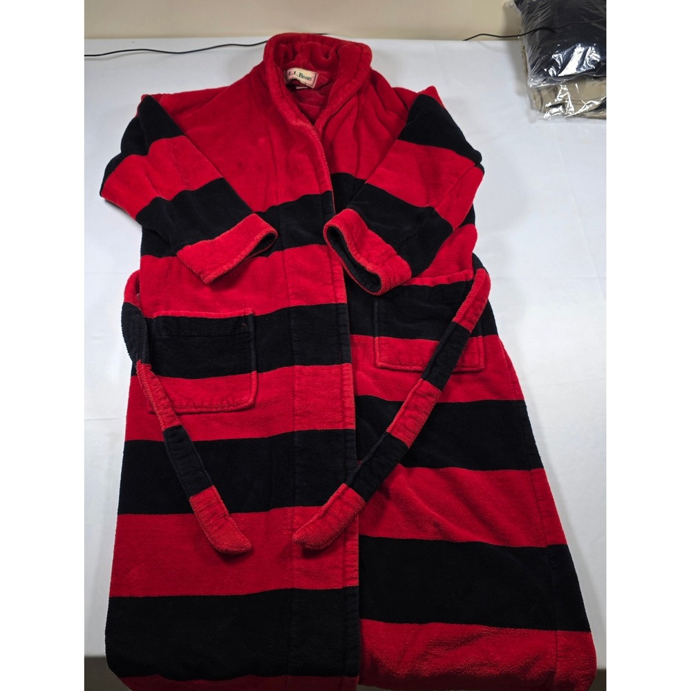 Vintage LL Bean Mens Robe Medium‎ Red Navy Striped Cotton Terry Cloth Nautical